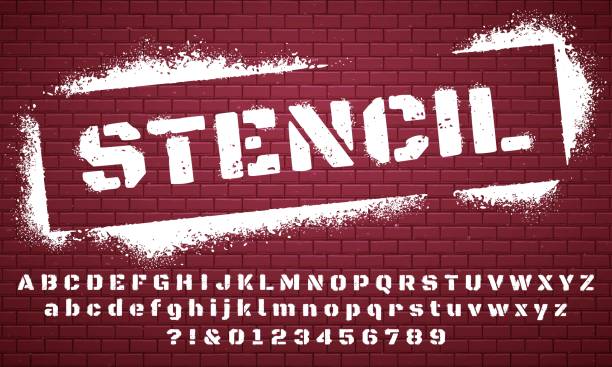 Stencil font. Graffiti spray painted alphabet, dirty textured lettering and grunge letters vector set Stencil font. Graffiti spray painted alphabet, dirty textured lettering and grunge letters. Military abc and numbers, stamp type army scratched text. Isolated vector symbols set graffiti fonts stock illustrations
