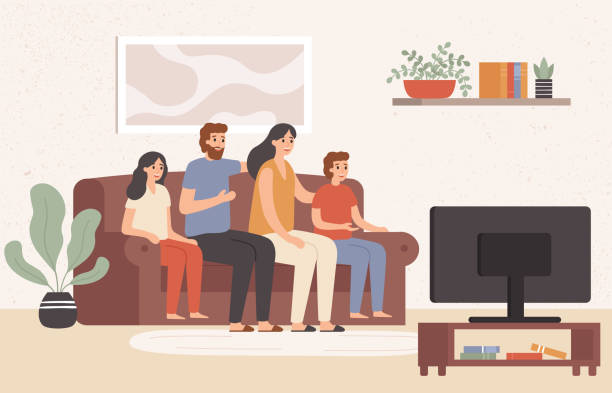 familie, die gemeinsam fernsehen. glückliche menschen fernsehen tv im wohnzimmer, junge familie sehen film zu hause vektor-illustration - watching tv stock-grafiken, -clipart, -cartoons und -symbole