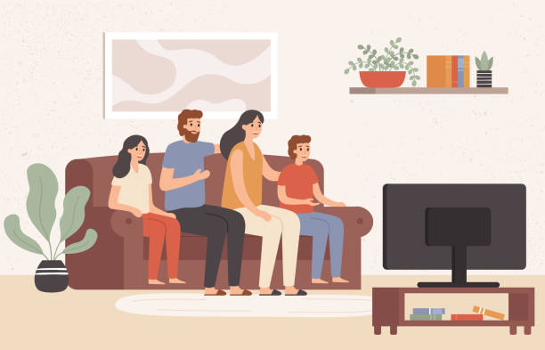 ilustrações de stock, clip art, desenhos animados e ícones de family watching television together. happy people watch tv in living room, young family watching movie at home vector illustration - apartment television family couple
