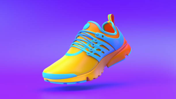 그라데이션 배경, 3d 렌더링에 여러 가지 색상의 신발. - 스포츠 신발 뉴스 사진 이미지