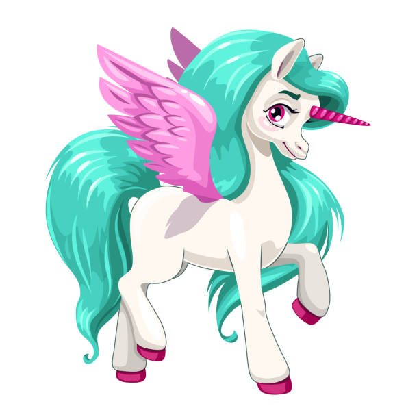 Magic pony princess. Beautiful pegasus with long blue hair Magic pony princess. Beautiful pegasus with long blue hair. Cute vector girlish illustration with pretty unicorn on white background. T shirts print design element. pony wings stock illustrations