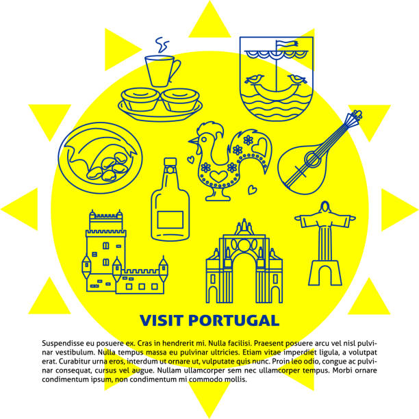 ilustrações de stock, clip art, desenhos animados e ícones de visit portugal concept banner with icons in line style - pastel de nata ilustrações