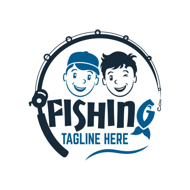 illustrazioni stock, clip art, cartoni animati e icone di tendenza di moderno logo per due ragazzi amici pescatori. - canna da pesca