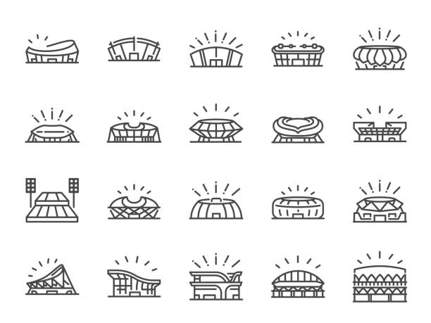 zestaw ikon linii stadionu sportowego. zawiera ikony jak arena piłki nożnej, koloseum, stadion konkurencji i więcej. - arena stock illustrations