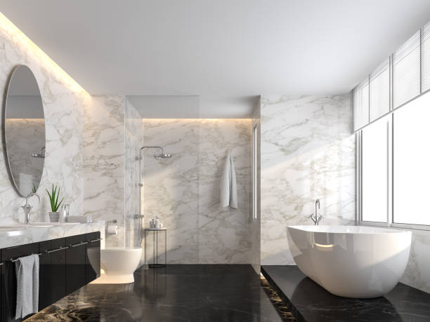 salle de bains de luxe avec le plancher en marbre noir et le mur en marbre blanc 3d rendent - salle de bains et toilettes photos et images de collection