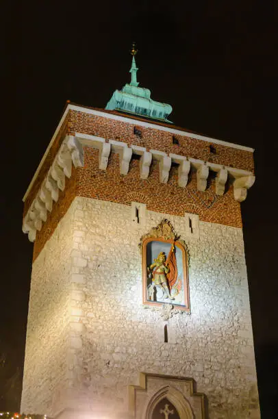 Gatetower at the city wall of Krakow at night.