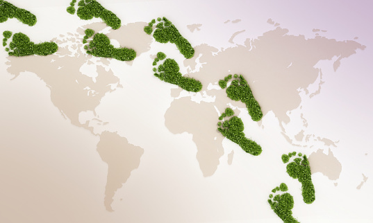 Green footprints walking on the map of the world.
Adobe Illustrator and Photoshop used for world texture map modifications. Original texture link: https://eoimages.gsfc.nasa.gov/images/imagerecords/73000/73580/world.topo.bathy.200401.3x5400x2700.jpg
