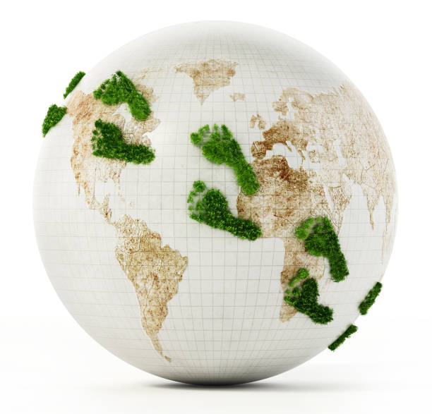 istock Green footprints on the globe isolated on white 1172896534