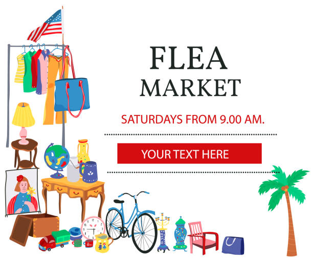 ilustraciones, imágenes clip art, dibujos animados e iconos de stock de cartel del mercado de pulgas doodle - flea market