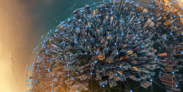 Digital network connection lines of Hong Kong Downtown. Financial district and business centers in smart urban city in technology concept. Skyscraper and high-rise buildings. Aerial view at sunset stock photo