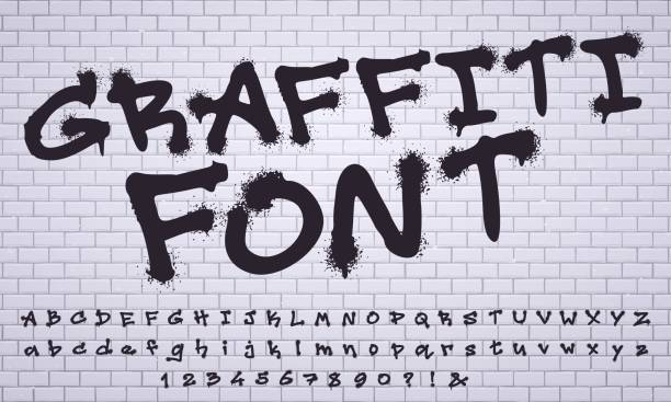 Spray graffiti font. City street art wall tagging lettering, dirty graffiti's numbers and letters vector set Spray graffiti font. City street art wall tagging lettering, dirty graffiti's numbers and letters. Grunge alphabet, street art graffiti sprayed abc lettering. Isolated vector symbols set graffiti fonts stock illustrations