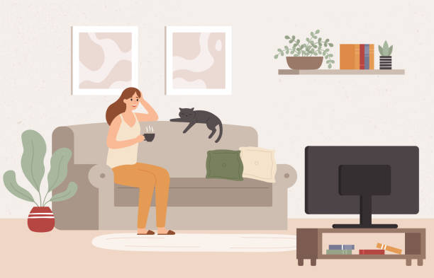 Young woman watch TV. Girl lying on couch with coffee mug and watching television show series vector illustration Young woman watch TV. Girl lying on couch with coffee mug and watching television show series. Female resting at cozy living room after work and watch movie vector illustration living room stock illustrations
