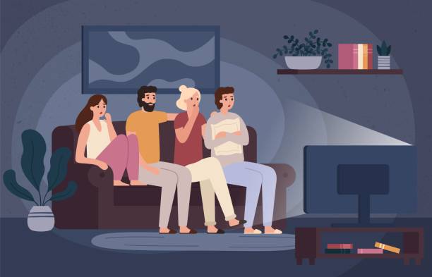 freunde schauen sich horrorfilme zusammen an. erschrockene teens sitzen auf dem sofa und sehen beängstigend film in dunklen wohnzimmer vektor-illustration - watching tv stock-grafiken, -clipart, -cartoons und -symbole