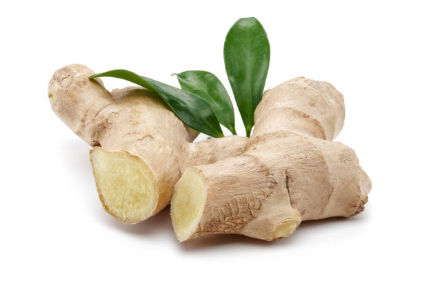 istock Fresh ginger root and green leaves isolated 1172904635