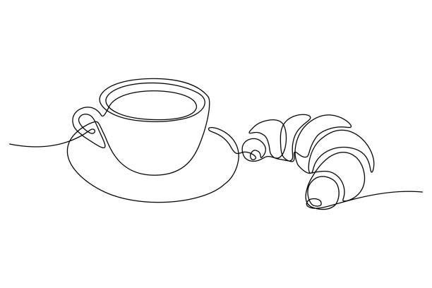 크루아상을 곁들인 커피 컵 - cafe breakfast coffee croissant stock illustrations