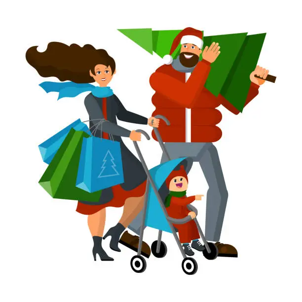 Vector illustration of Happy family with a child returns home with a Christmas tree and holiday shopping on new year's eve and Christmas eve