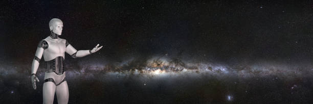 istock robot, cyborg presenting in front of the Milky Way galaxy space (3d illustration background banner) 1172912147