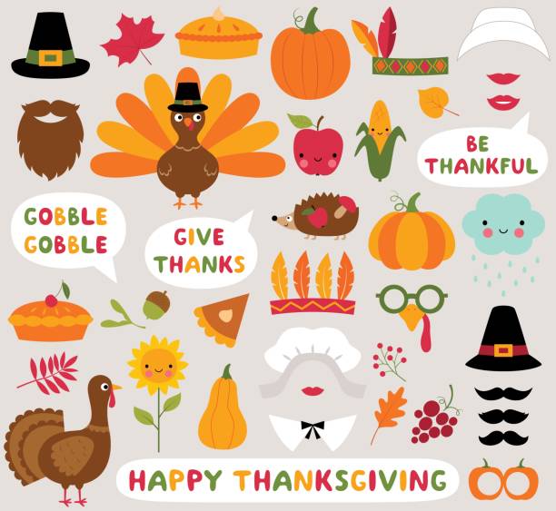 thanksgiving-symbole vektor-set (türken, kürbisse und andere) - turkey thanksgiving cartoon animated cartoon stock-grafiken, -clipart, -cartoons und -symbole