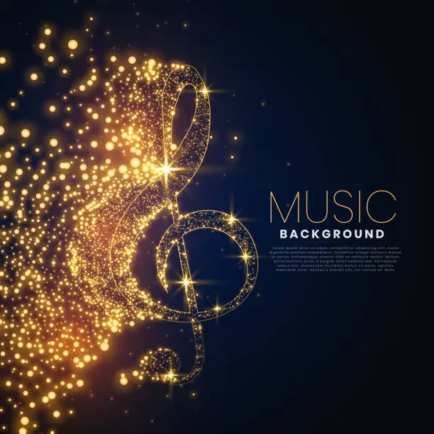 Vector illustration of music note made with glowing particles background design