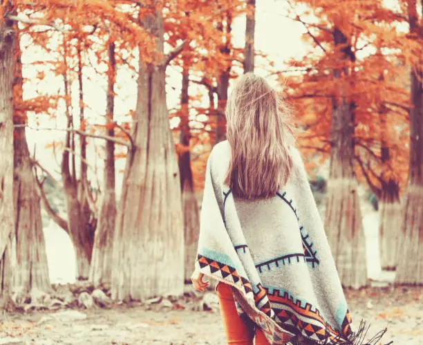 Unrecognizable young woman wearing in poncho walking among autumn cypresses, rear view.