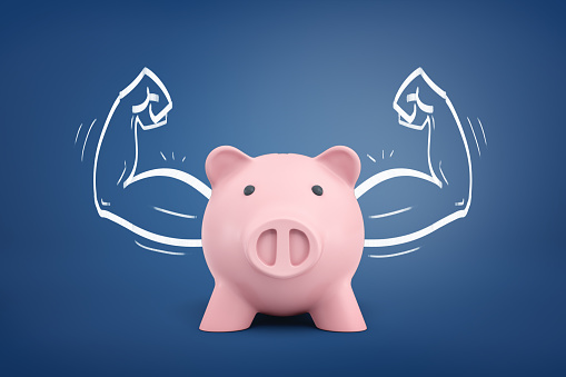 3d rendering of a piggy bank front view with strong arms drawn on both sides on a blue background. Money is power. Banking and finance. Successful business.