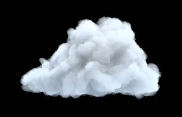 Photo of 3d rendering of a white bulky cumulus cloud on a black background.