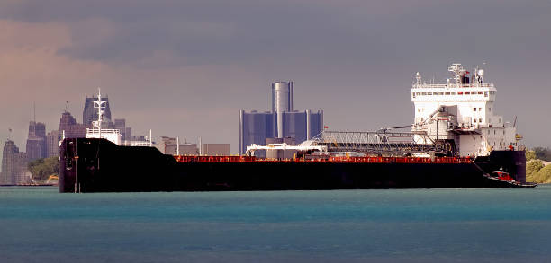 Ships on Detroit river to factories dock