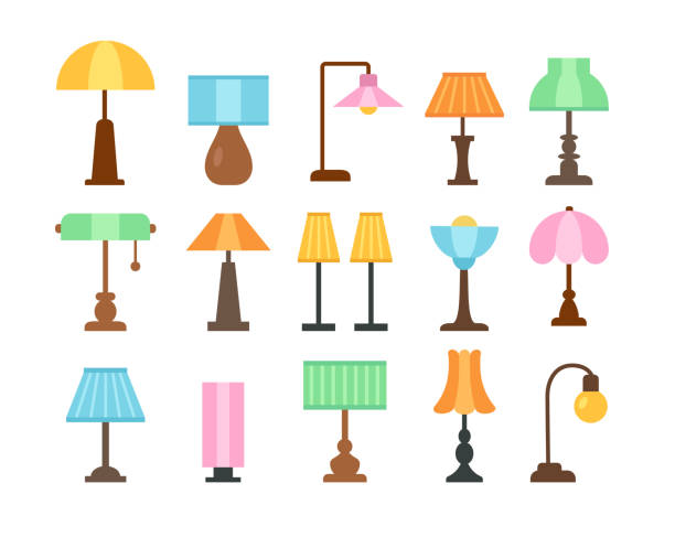 Table lamps. Flat icon set. Light fixtures. Home & office lighting. Interior design elements. Vector illustration Table lamps. Flat icon set. Light fixtures. Home & office lighting. Interior design elements. Vector illustration. Isolated objects on white background electric lamp stock illustrations