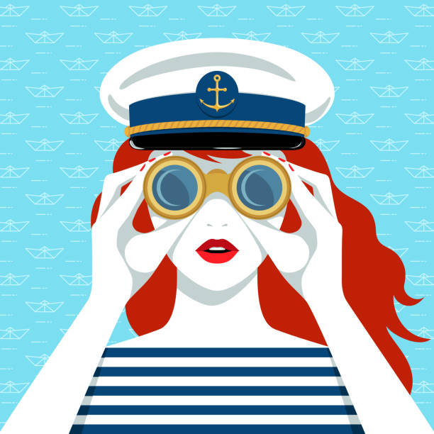 Vector portrait of woman looking through binoculars Vector portrait of beautiful young redhead woman, wearing striped shirt and navy cap, looking through binoculars against blue background with paper boats pattern boat captain illustrations stock illustrations