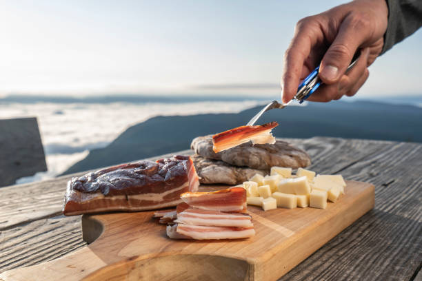 Snack with delicious South Tyrolean smoked bacon and cheese with flatbread  lying on a rustic table