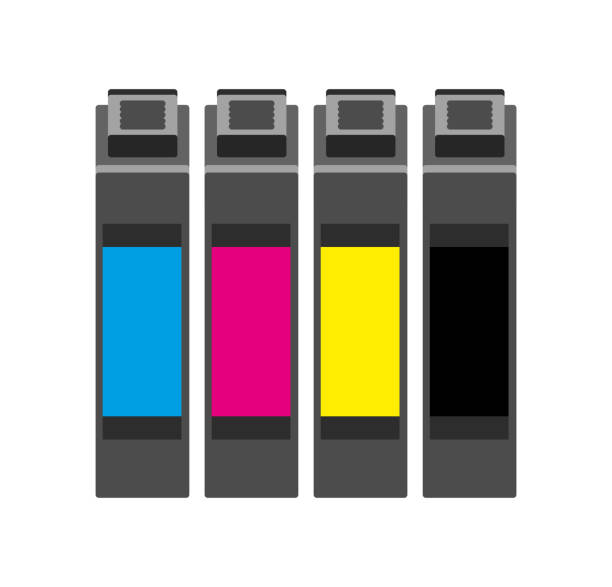 illustrations, cliparts, dessins animés et icônes de illustration plate simple de vecteur des cartouches d'encre de cmyk qui se composent du cyan, du magenta, du jaune et du noir d'isolement. - ink printer cartridge recycling isolated