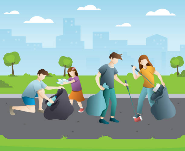 ilustrações, clipart, desenhos animados e ícones de grupo de pessoas que limpam o parque da cidade - mulher catando lixo