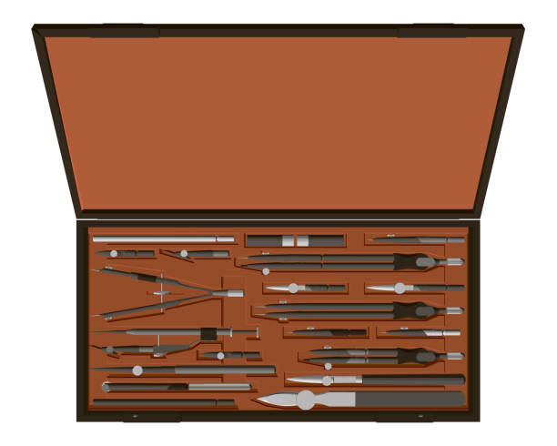 A set of measuring tools for building design. Compasses in a suitcase. 3D. Vector illustration. A set of measuring tools for building design. Compasses in a suitcase. 3D. Vector illustration. vernier scale stock illustrations