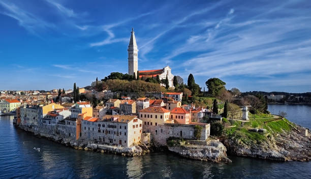 Aerial view of old town Rovinj,. Istria, Croatia. High up view of Rovinj, Istria, Croatia. rovinj harbor stock pictures, royalty-free photos & images
