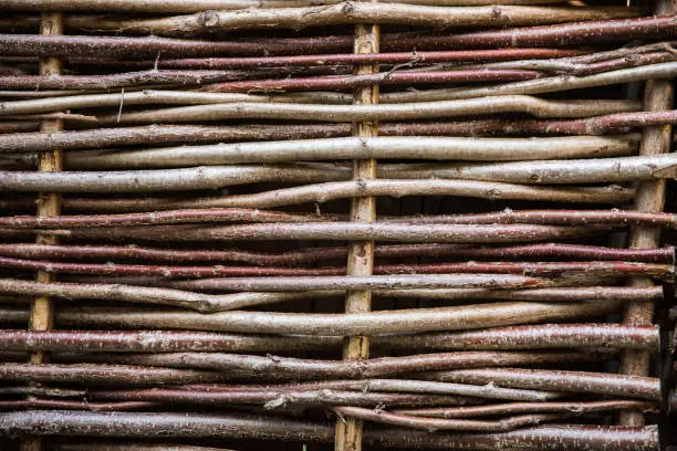 A full frame background of a close up of Willow or hazel tree hurdle fencing with copy space