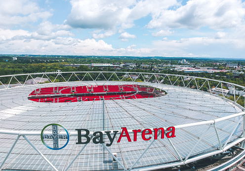 Leverkusen / Germany - May 2019: Aerial photo of BayArena, home stadium of football club Bayer Leverkusen. The venue is getting ready for the last matches of Bundesliga