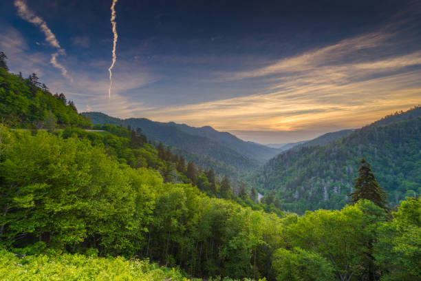 Newfound Gap Smoky Mountains Sunset at the Newfound Gap in the Great Smoky Mountains. newfound gap stock pictures, royalty-free photos & images