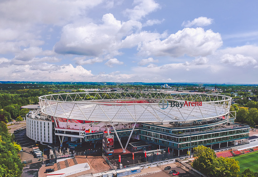 Leverkusen / Germany - May 2019: Aerial photo of BayArena, home stadium of football club Bayer Leverkusen. The venue is getting ready for the last matches of Bundesliga