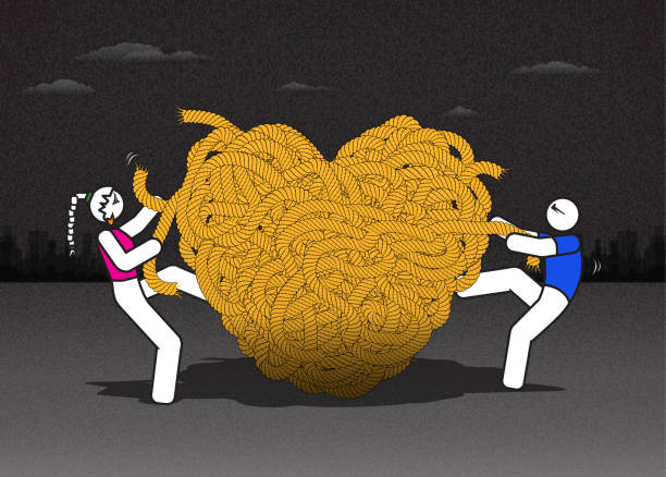 Love-Tangled Knot Young couple tries to untie a tangled heart-shaped knot. Used clipping mask) ropes tied together stock illustrations