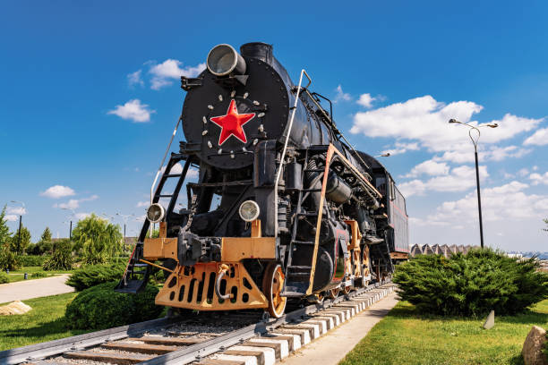 Old Soviet steam locomotive on a pedestal