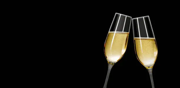 Two champagne glasses on a white background with copy space