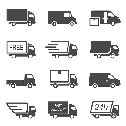 Express delivery trucks vector glyph icons set. Fast shipment vans black silhouette illustrations pack. Courier service transport design element. Distribution and logistic isolated cliparts collection