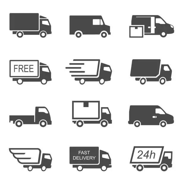 Vector illustration of Express delivery trucks vector glyph icons set