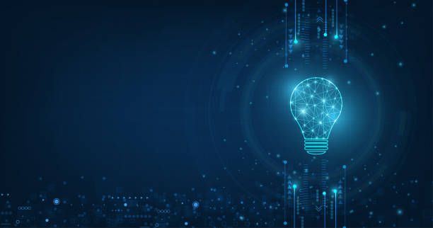 기술 배경에 밝은 파란색과 램프 전구와 벡터 원 기술. - innovation stock illustrations