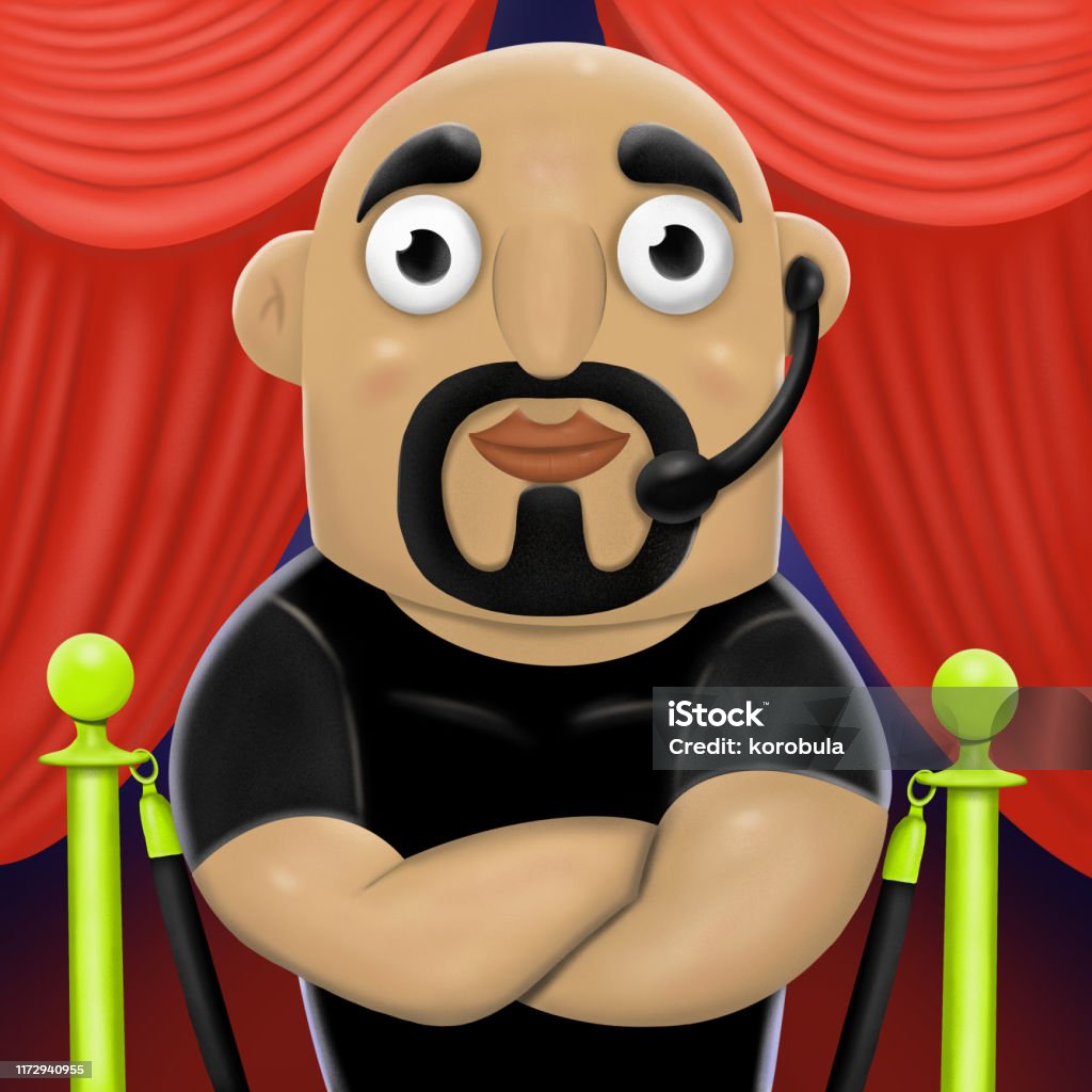 Cartoon Bald Bodyguard With Beard And Black Tshirt Illustration Stock  Illustration - Download Image Now - iStock
