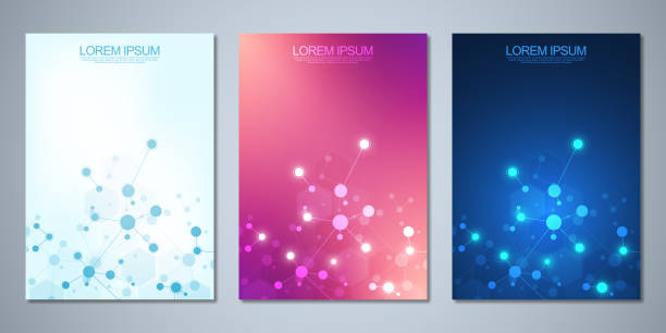 ilustrações de stock, clip art, desenhos animados e ícones de vector template brochures or cover design, book, flyer, with molecules background and neural network. abstract geometric background of connected lines and dots. science and technology concept. - 4622