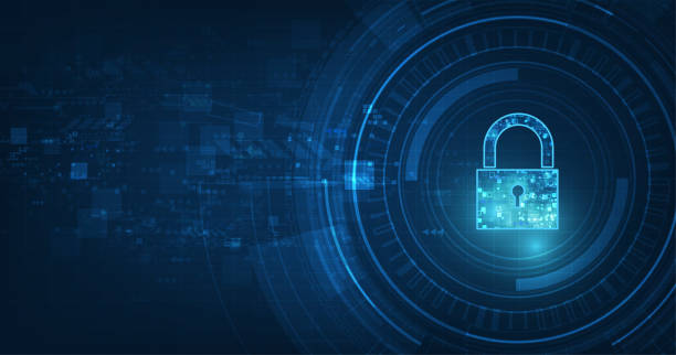 kłódka z ikoną dziurki od klucza w. bezpieczeństwo danych osobowych ilustruje pomysł na cyberprzeciwę danych lub prywatności informacji. niebieski kolor abstrakcyjny hi speed internet technologia. - keyhole key lock padlock stock illustrations