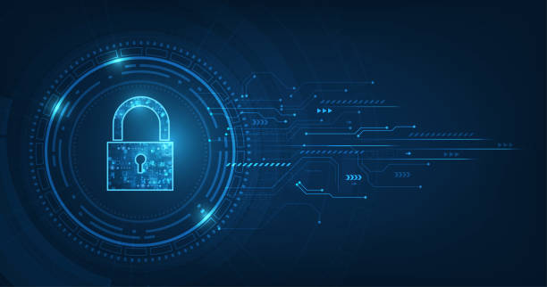 南京錠でキーホールアイコンを持つ. 個人データセキュリティは、サイバーデータや情報プライバシーのアイデアを示しています.青い色抽象ハイスピードインターネット技術。 - セキュリティ点のイラスト素材／クリップアート素材／マンガ素材／アイコン素材