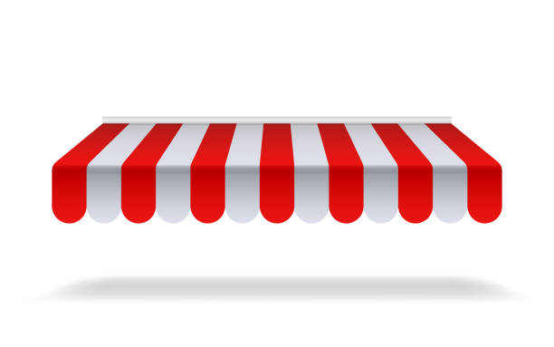 istock Red and white sunshade for marketplace or shop. Open awning with striped canvas for circus or store.Red canopy for cafe on isolated background. vector 1172945032