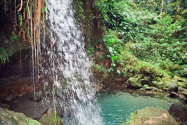Emerald falls hidden in rainforest on Dominica